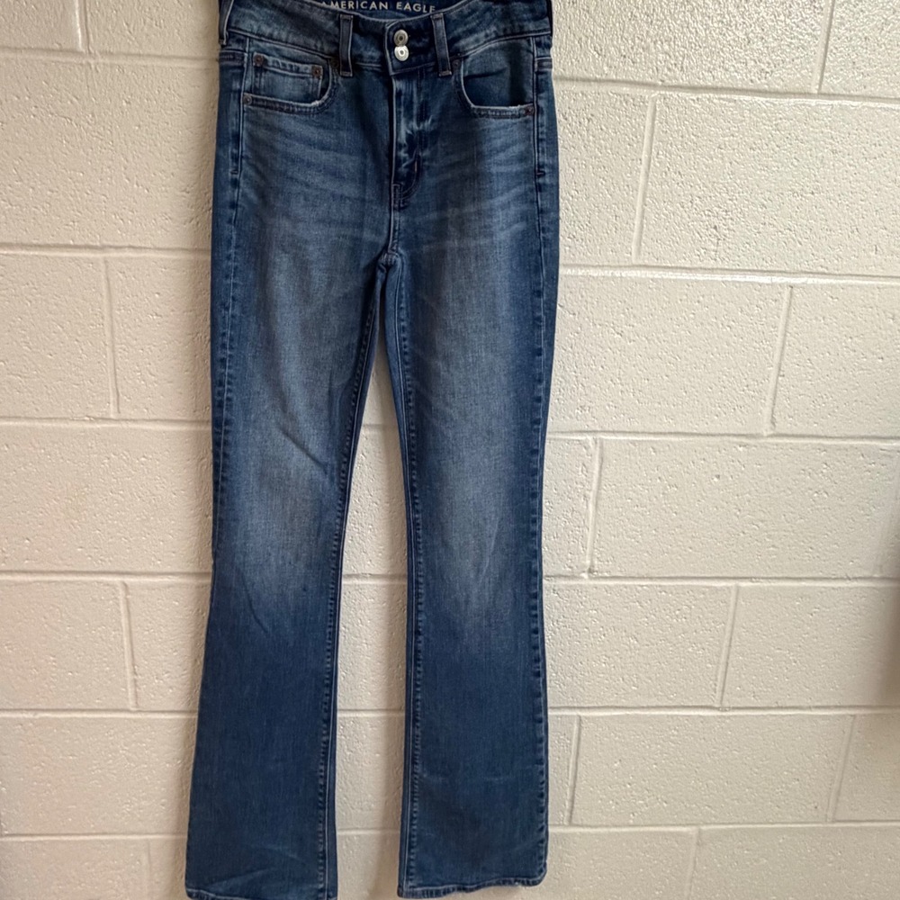 American Eagle Women Hi-Rise Artist Flare Jeans 2 X-Long Blue Denim Stretch Boho